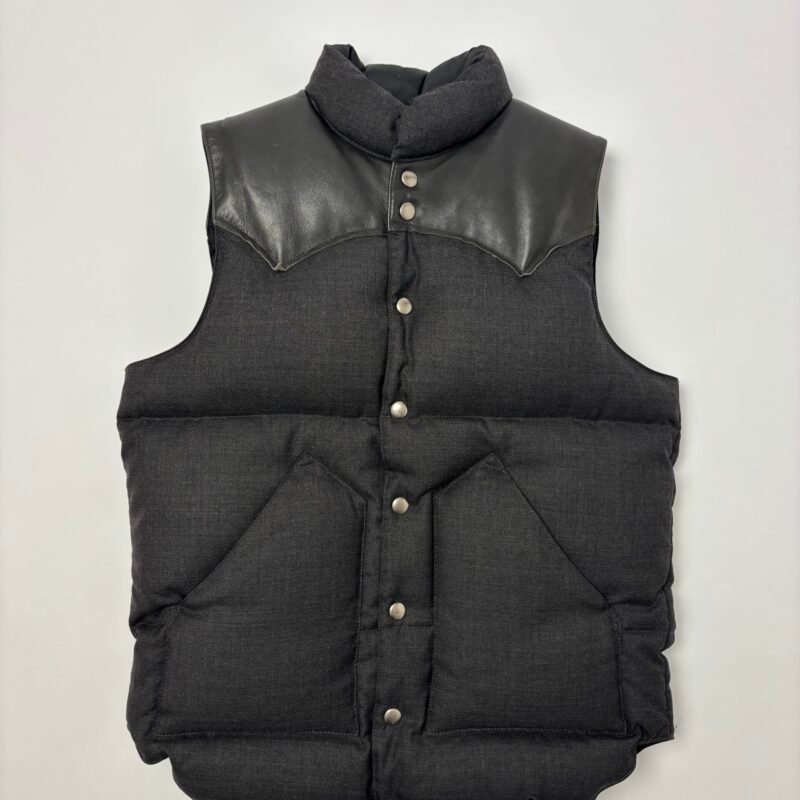 rocky mountain featherbed wool down vest charcoal leather yoke