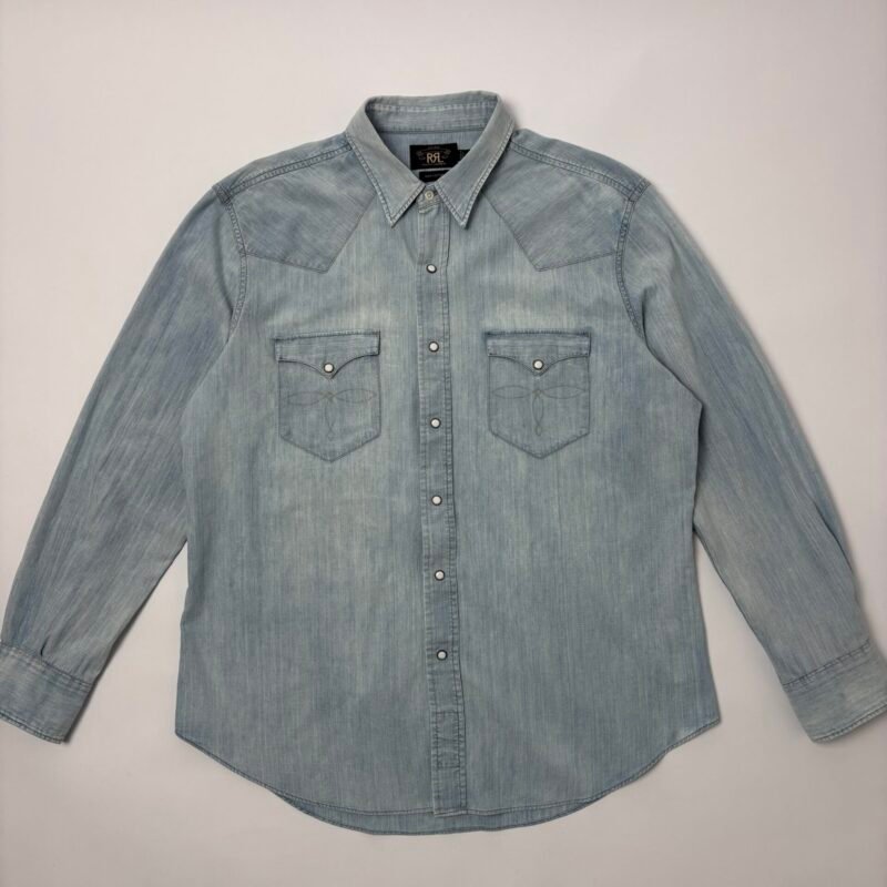 rrl cotton denim western shirt pearl snap faded wash