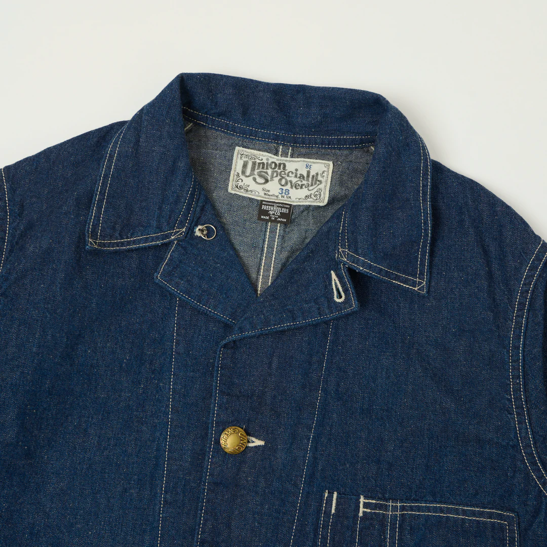 freewheelers iron wharf denim work coat detail